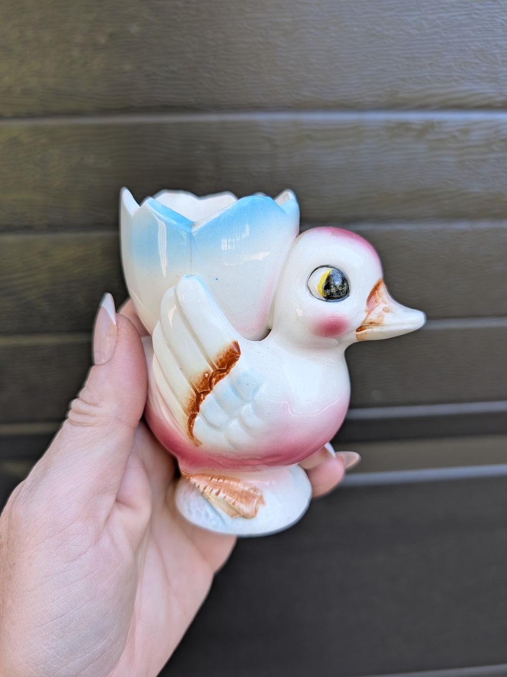 Vintage Kitschy Colourful Ceramic Bird Egg Cup Pink and Blue
